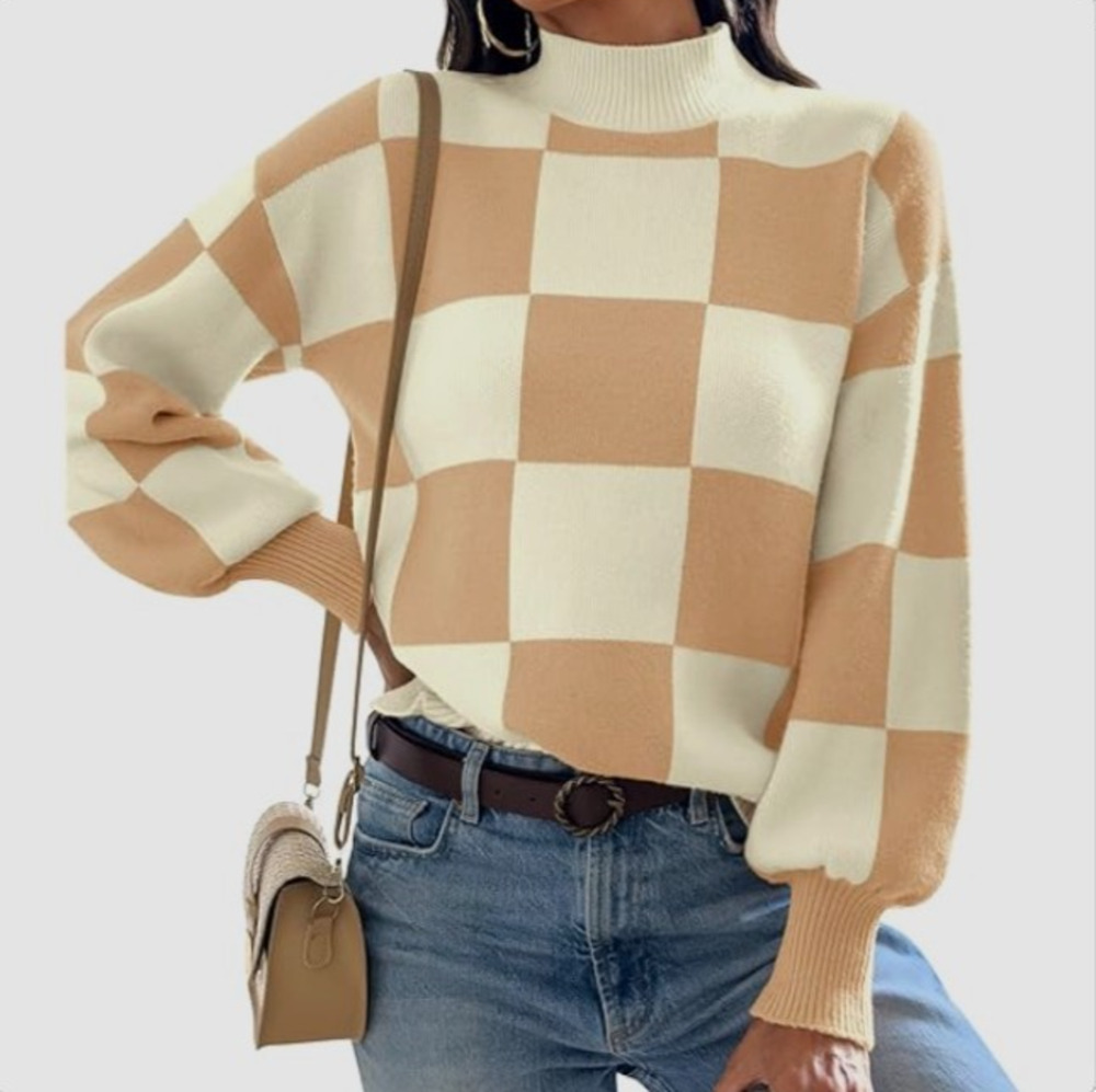 Tan White Colorblock Checkerboard Crewneck Pullover Academia Preppy Mock Neck M